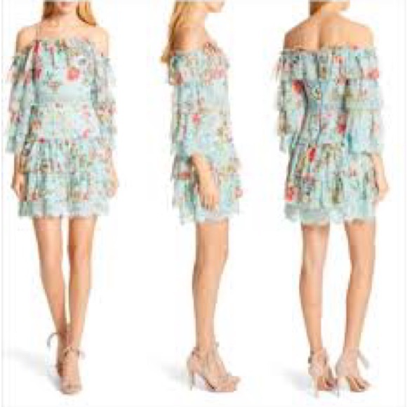 Alice + Olivia Dresses & Skirts - Alice + Olivia Pink/ blue Ruffled Tiered Mini Dress 100% silk off shoulder size4